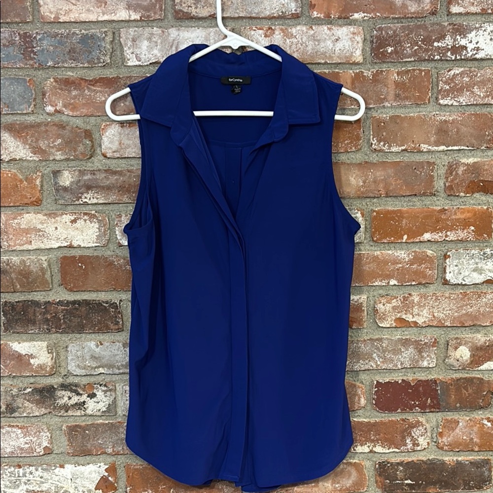 For Cynthia Blue Buttoned Blouse with Notched Collar